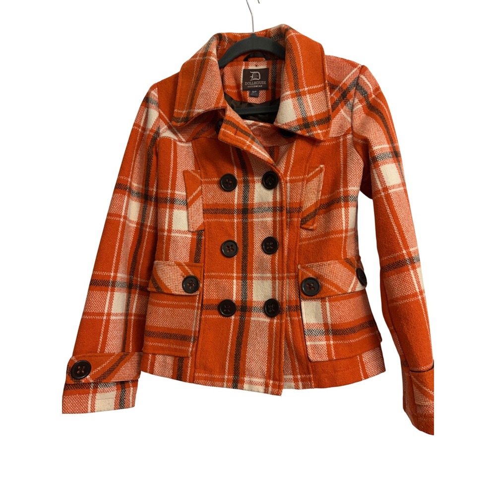Dollhouse Outerwear Orange Plaid Double Breasted Pea Coat Jacket Small Fall